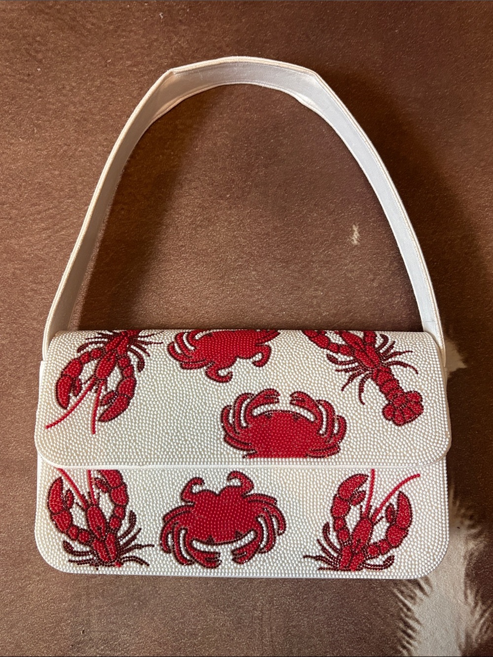 Sincerly Jules White Beaded Shoulder Bag with Red Crab & Lobster Appliqué